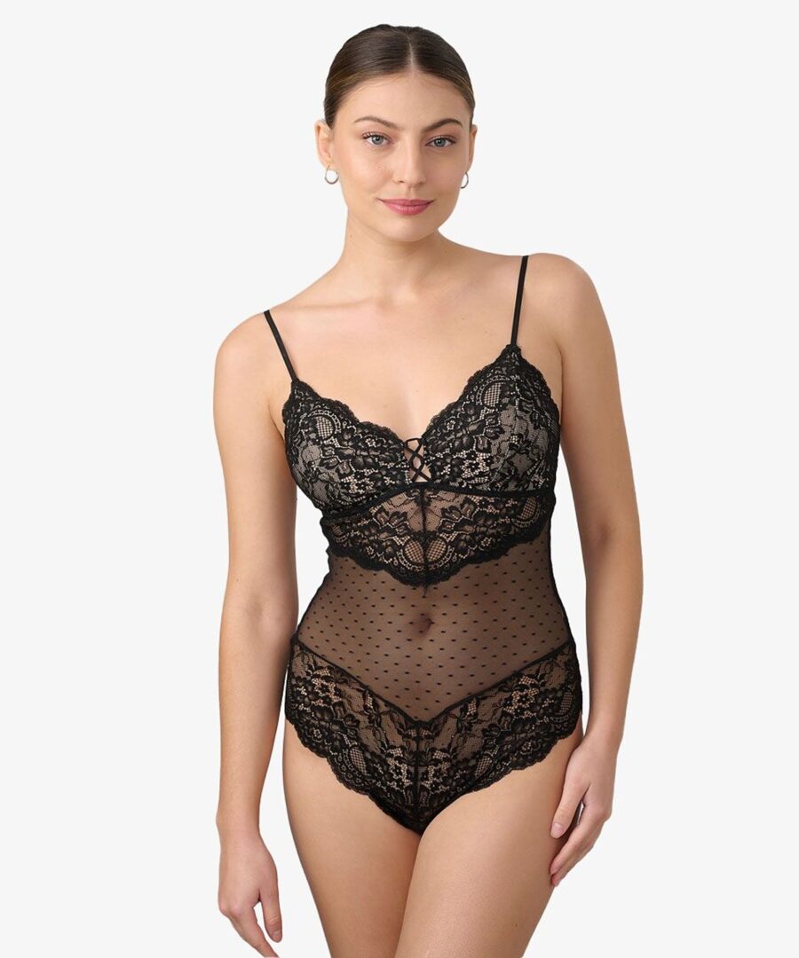 בגד גוף תחרה סקסי בשילוב נקודות