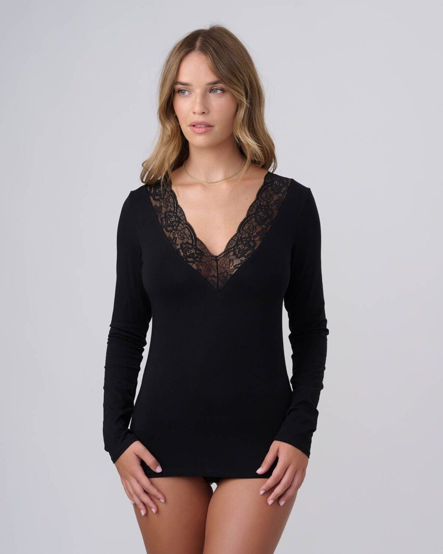 שרוול ארוך מחשוף V תחרה ר