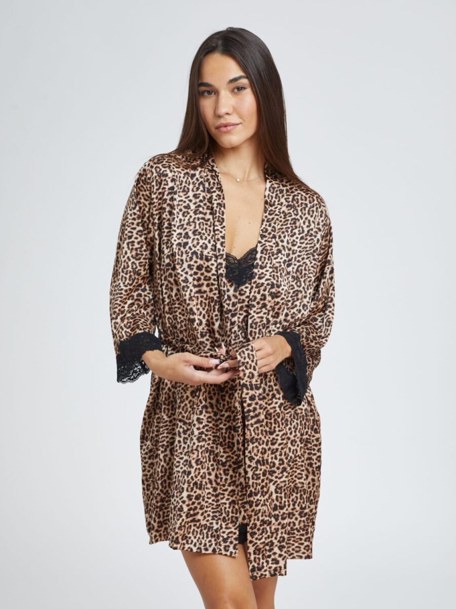 חלוק סאטן מודפס עם עיטור תחרה